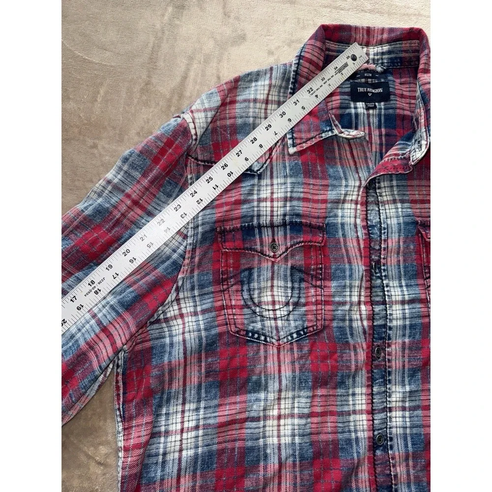 True Religion Men's Plaid‎ Shirt Slim Fit Long Sleeve Red Blue Western Size 2XL